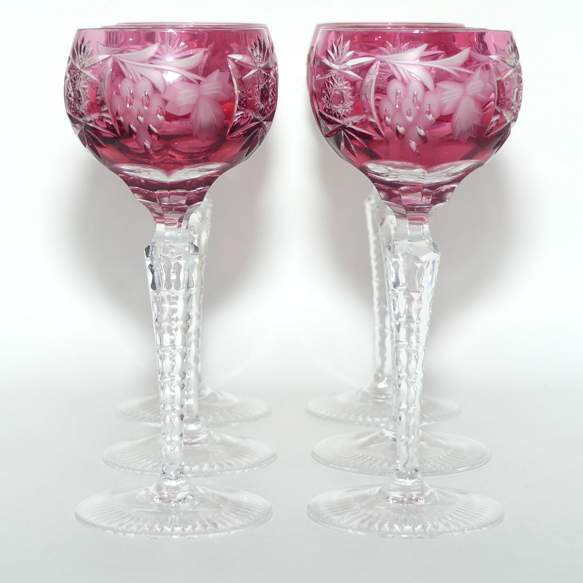 Set of 6 Cranberry Cut to Clear Nachtmann Wine Hocks | 18cm tall
