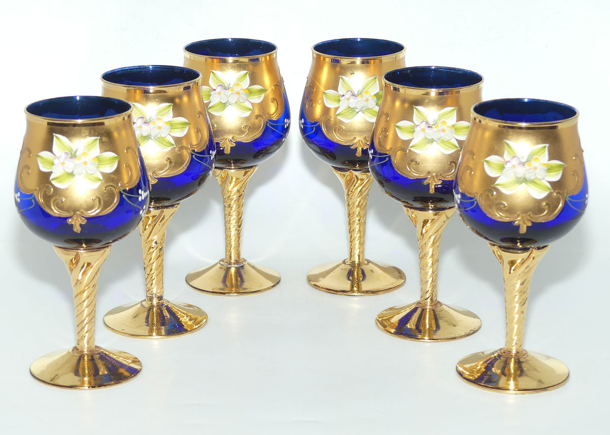 Vintage Venetian Glass set of 6 twist stem wine glasses | High Gilt and Floral Decor on Dark Blue