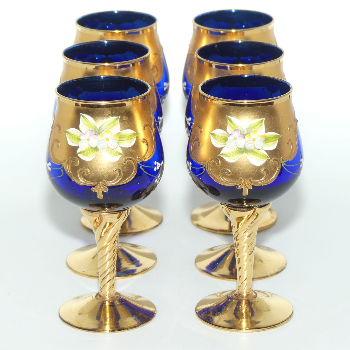 Vintage Venetian Glass set of 6 twist stem wine glasses | High Gilt and Floral Decor on Dark Blue