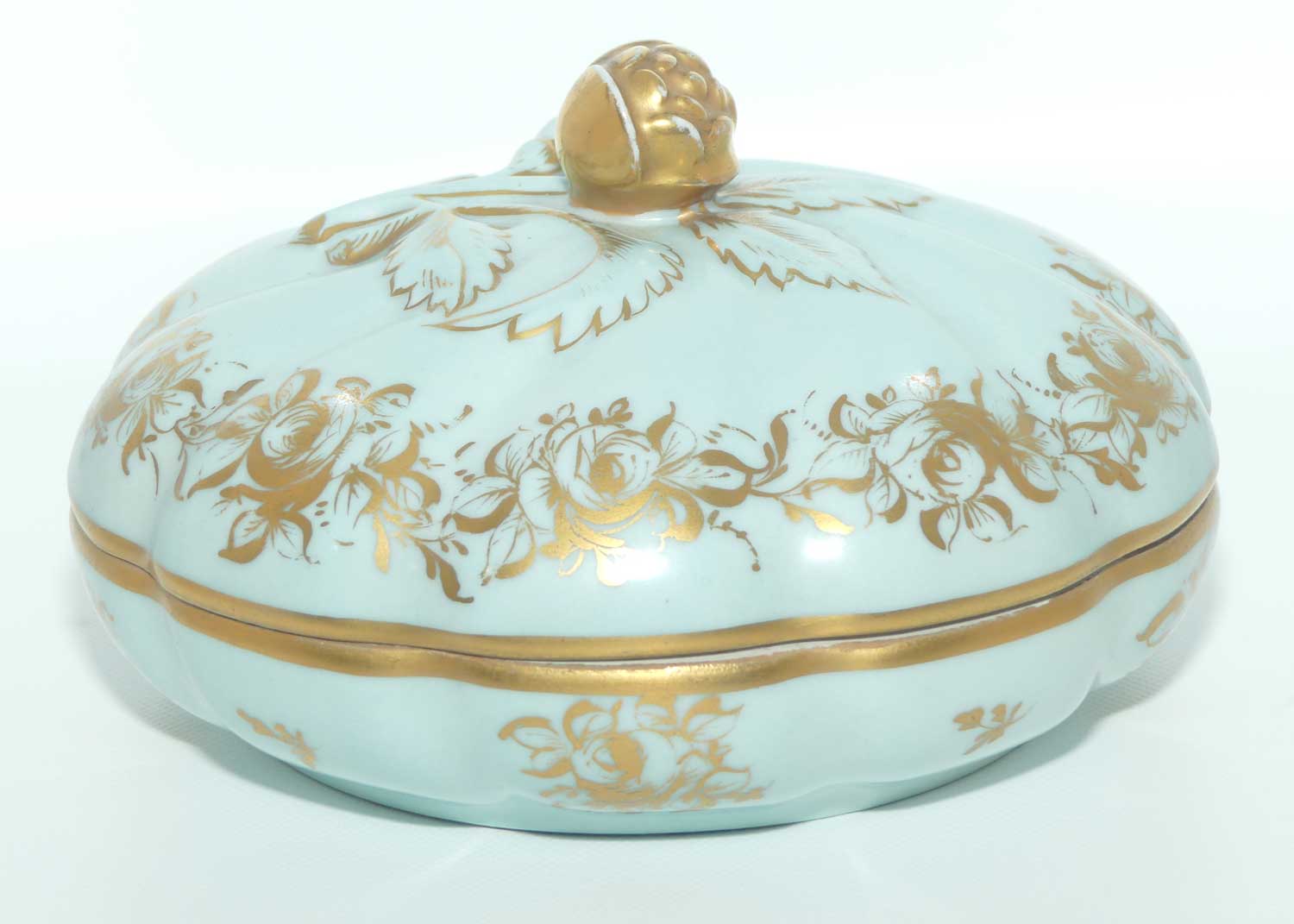Sevres style large Celeste colour and Heavily Gilt Ladies powder bowl | Floral handle