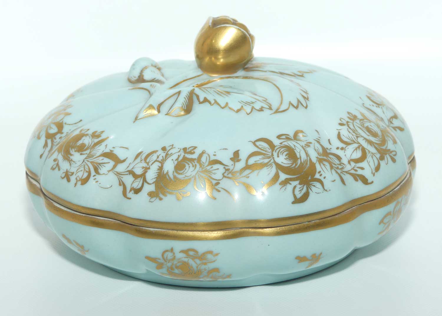 Sevres style large Celeste colour and Heavily Gilt Ladies powder bowl | Floral handle