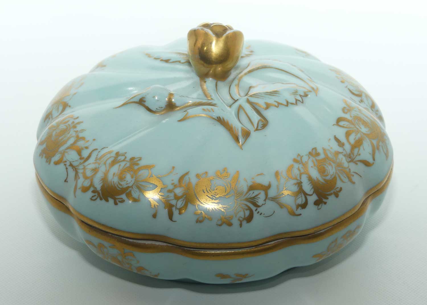 Sevres style large Celeste colour and Heavily Gilt Ladies powder bowl | Floral handle