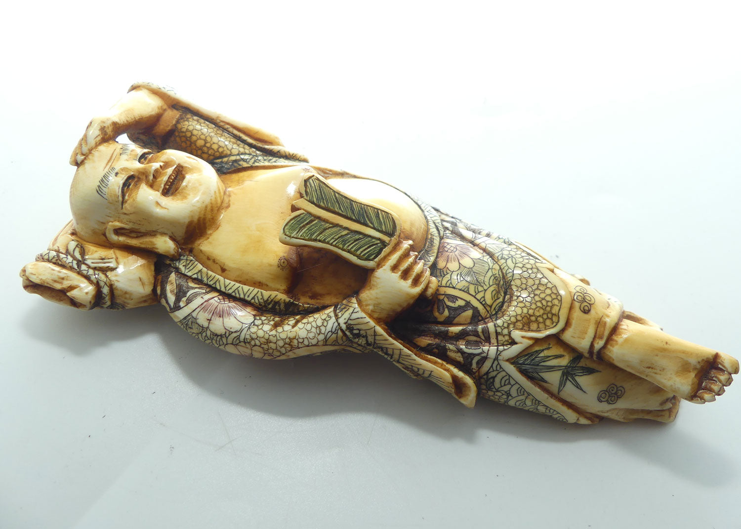 Extensively decorated Japanese Ivory Laughing Buddha | Hotei Okimono figure