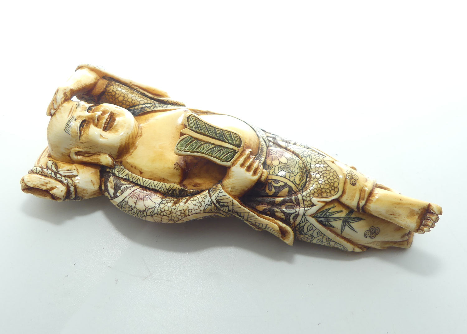 Extensively decorated Japanese Ivory Laughing Buddha | Hotei Okimono figure