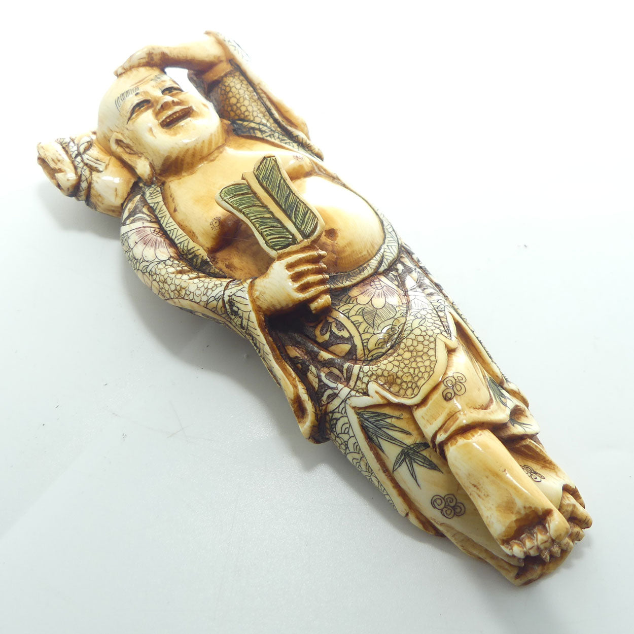 Extensively decorated Japanese Ivory Laughing Buddha | Hotei Okimono figure