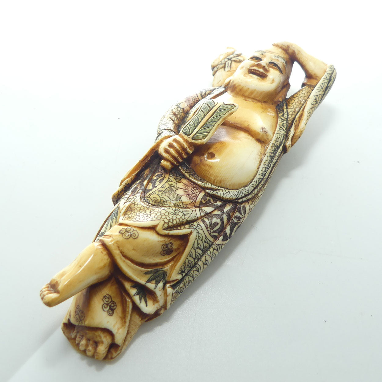 Extensively decorated Japanese Ivory Laughing Buddha | Hotei Okimono figure