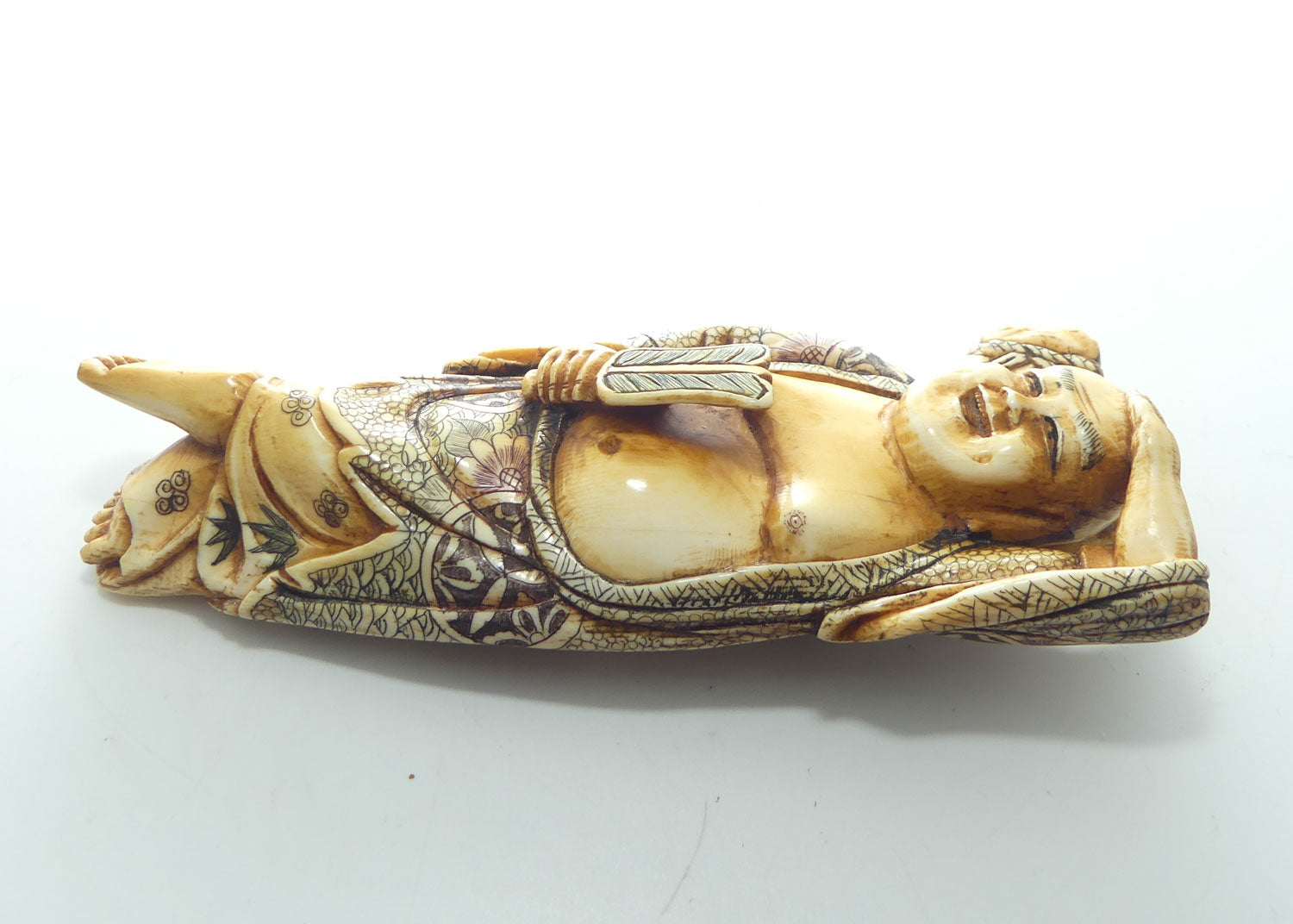 Extensively decorated Japanese Ivory Laughing Buddha | Hotei Okimono figure
