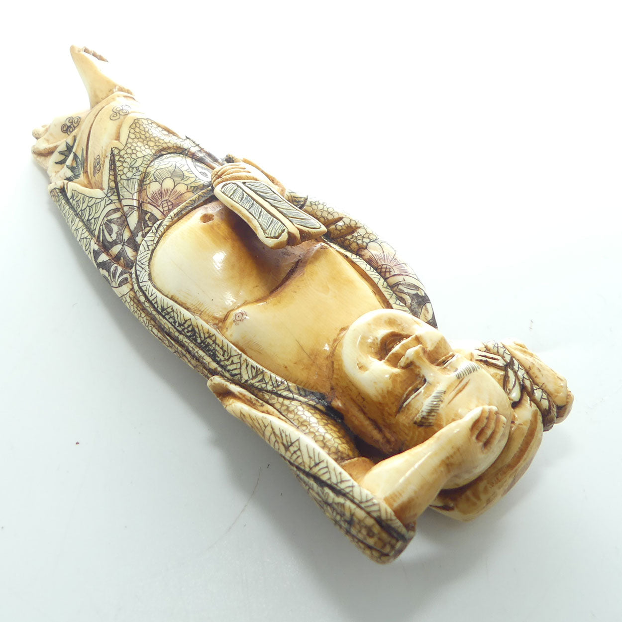 Extensively decorated Japanese Ivory Laughing Buddha | Hotei Okimono figure