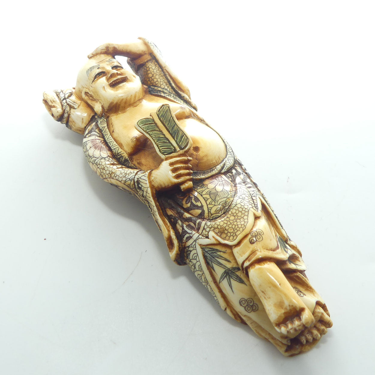 Extensively decorated Japanese Ivory Laughing Buddha | Hotei Okimono figure