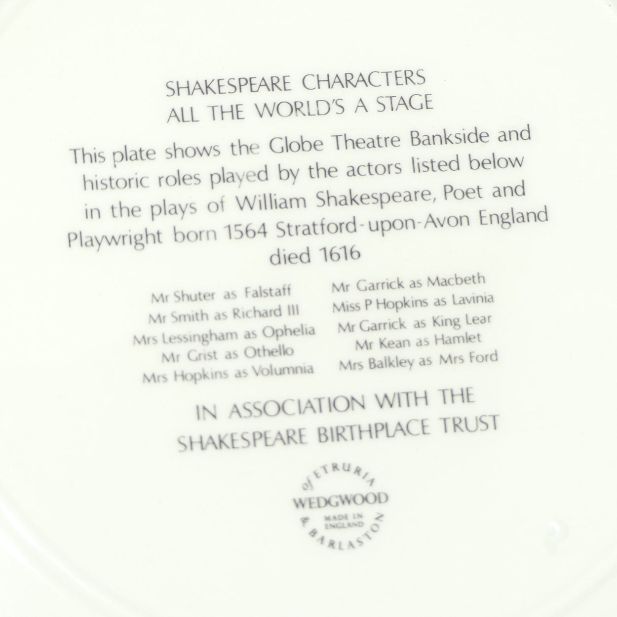 Wedgwood Etruria Shakespeare Characters | All the World's a Stage plate