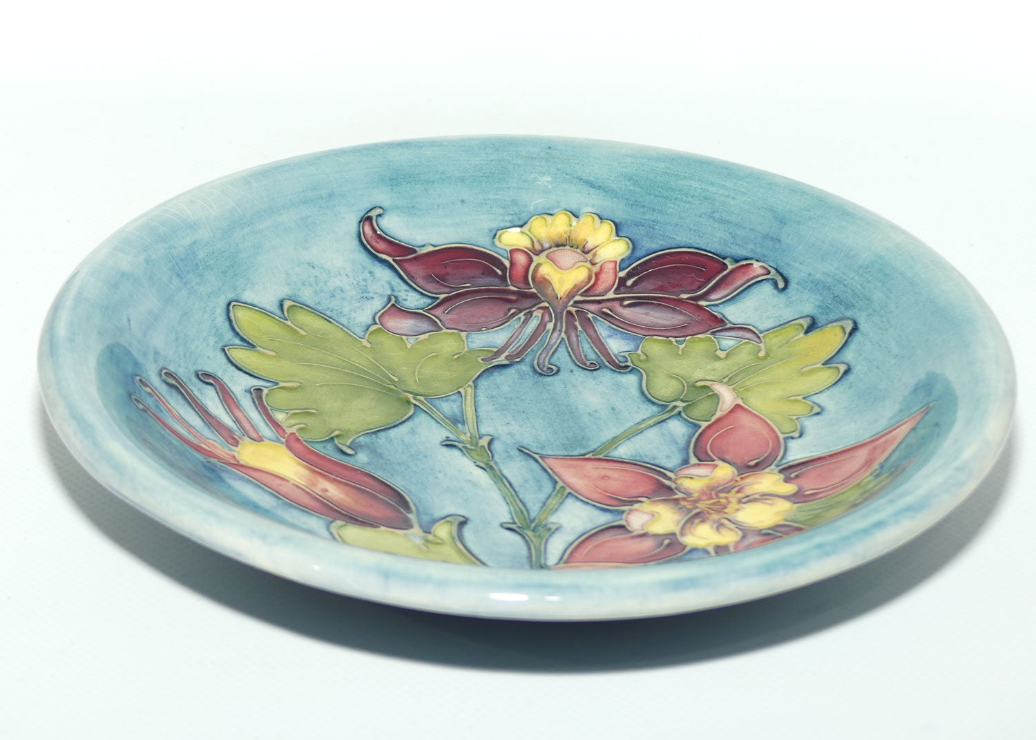 Walter Moorcroft Columbine shallow bowl | Pale Blue Grey ground | #2