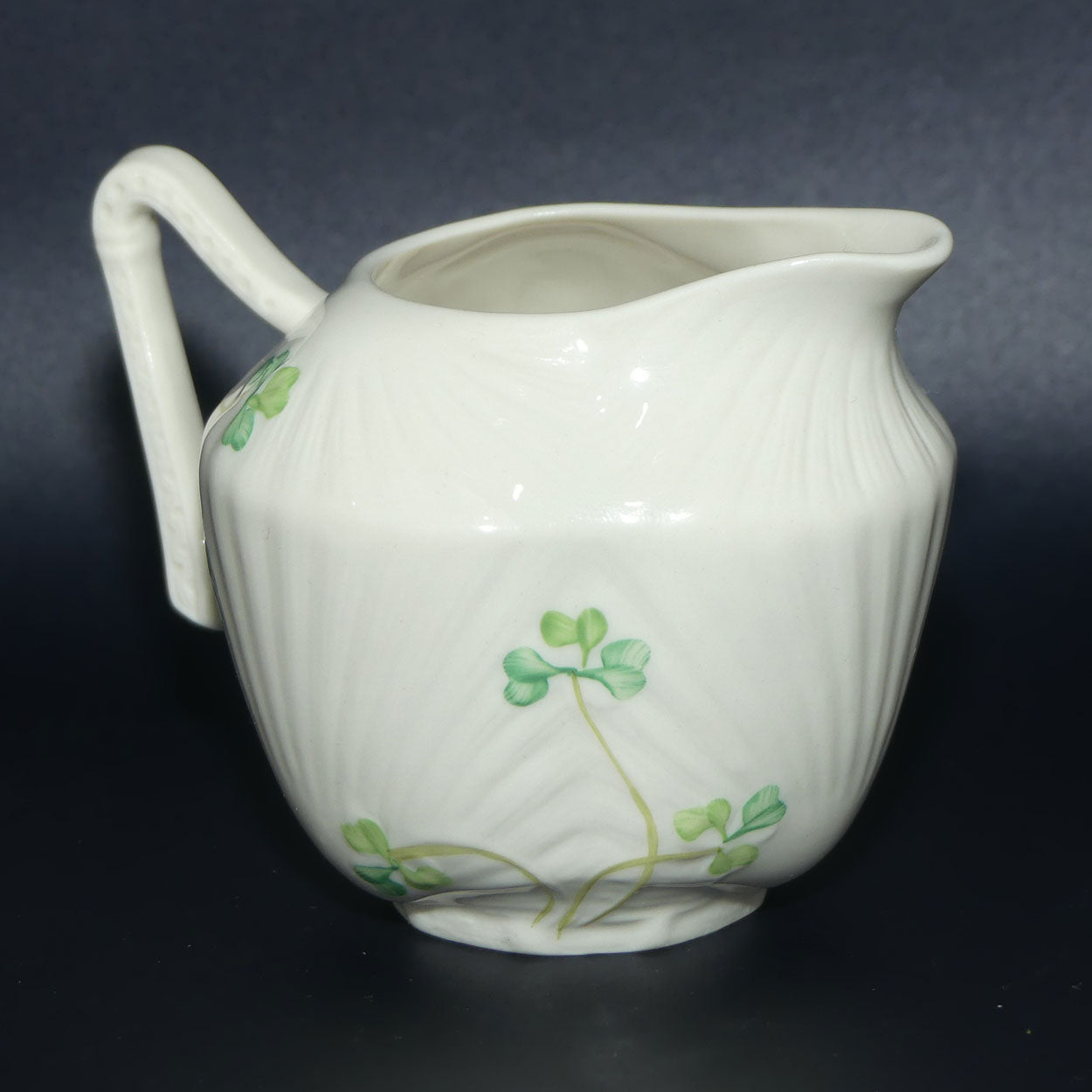 Belleek Shamrock decorated Harp handle milk jug | Brown Mark