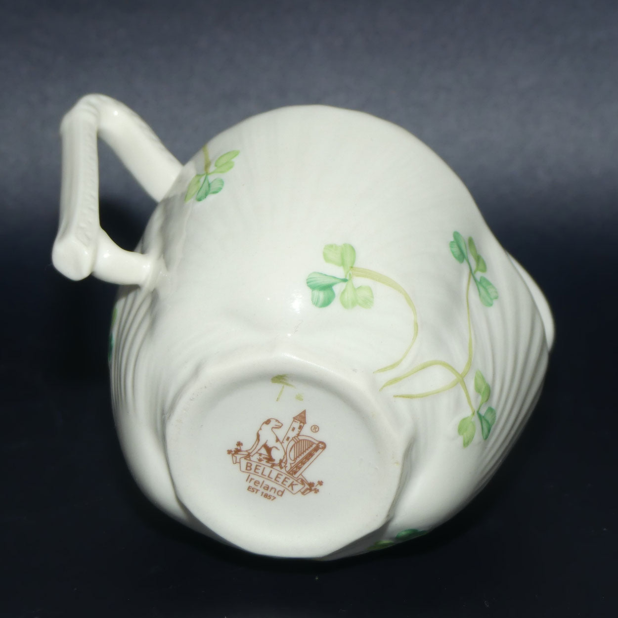 Belleek Shamrock decorated Harp handle milk jug | Brown Mark