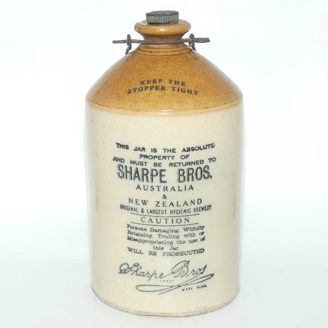 Sharpe Bros Australia and New Zealand Stoneware Demijohn with stopper and handle