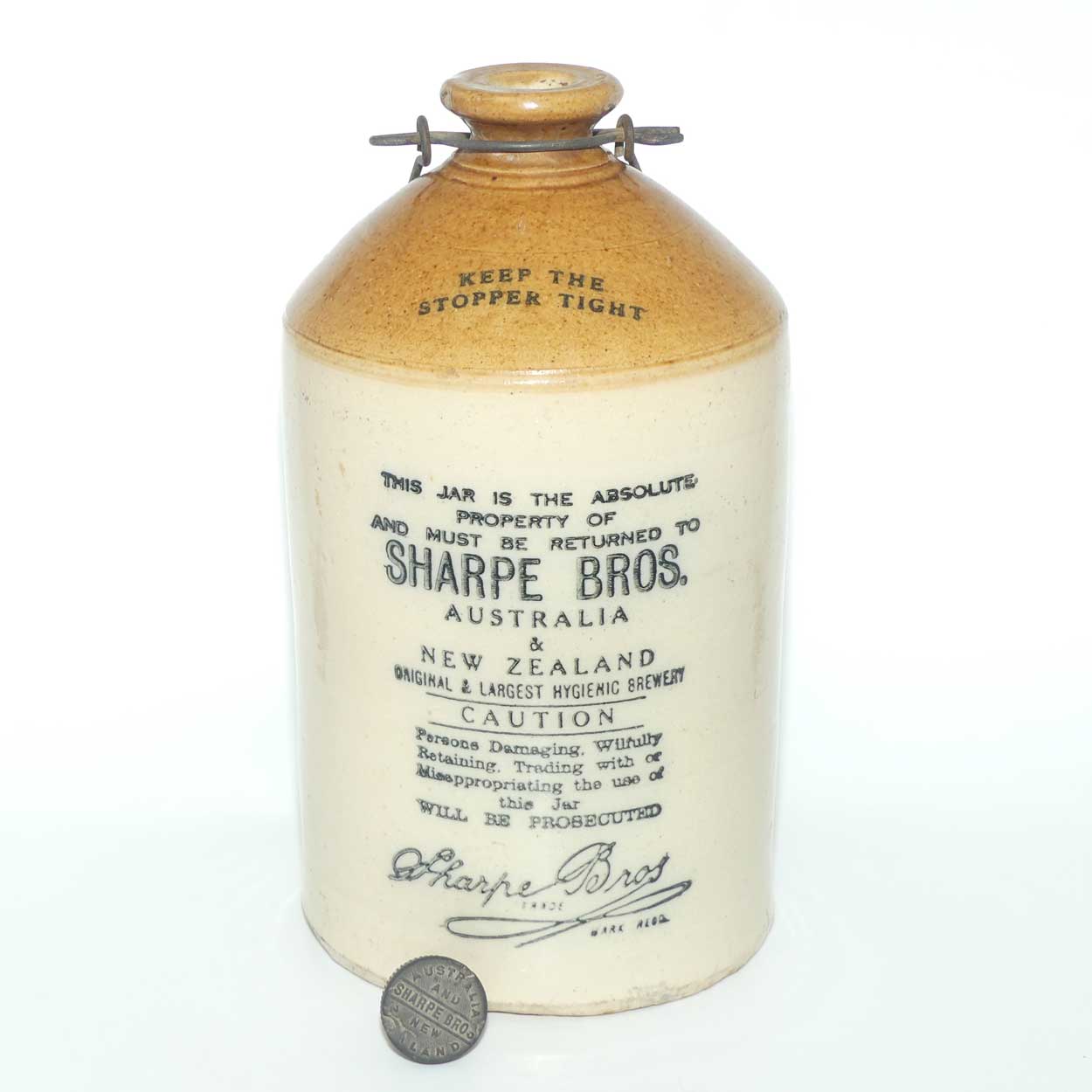 Sharpe Bros Australia and New Zealand Stoneware Demijohn with stopper and handle