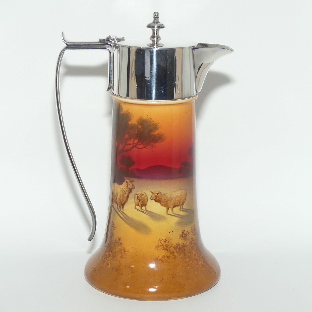 Royal Doulton hand painted Sheep claret jug with EPNS mounts