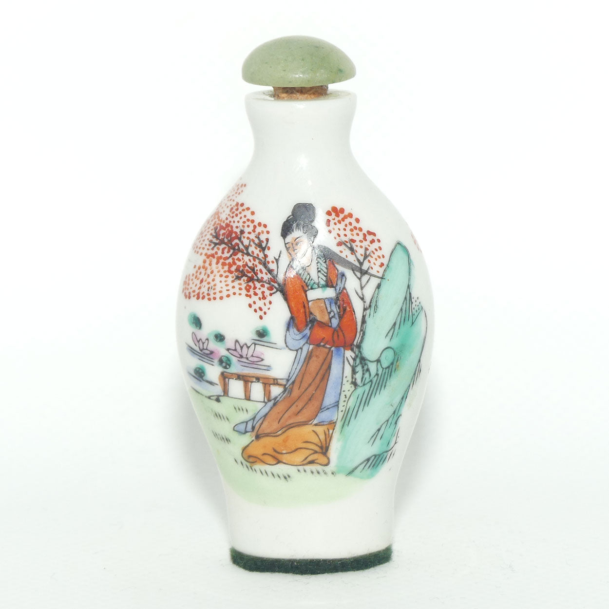 Chinese snuff bottle with greenstone stopper | Shy Maiden