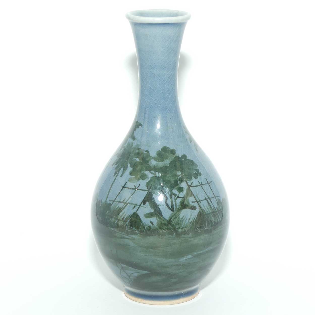 Siam Celadon vase decorated with Thatched Hut scene | 16.5cm