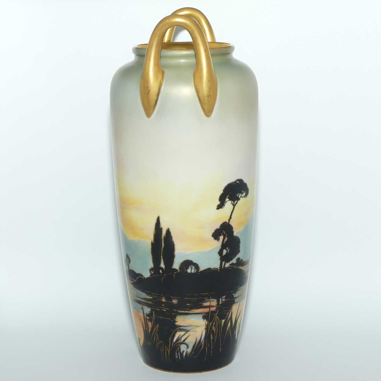 Royal Worcester Landscape scene Silhouette design twin handle tall vase | 2771 shape
