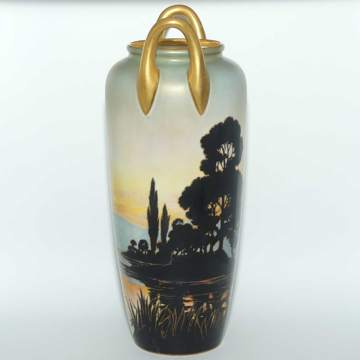 Royal Worcester Landscape scene Silhouette design twin handle tall vase | 2771 shape