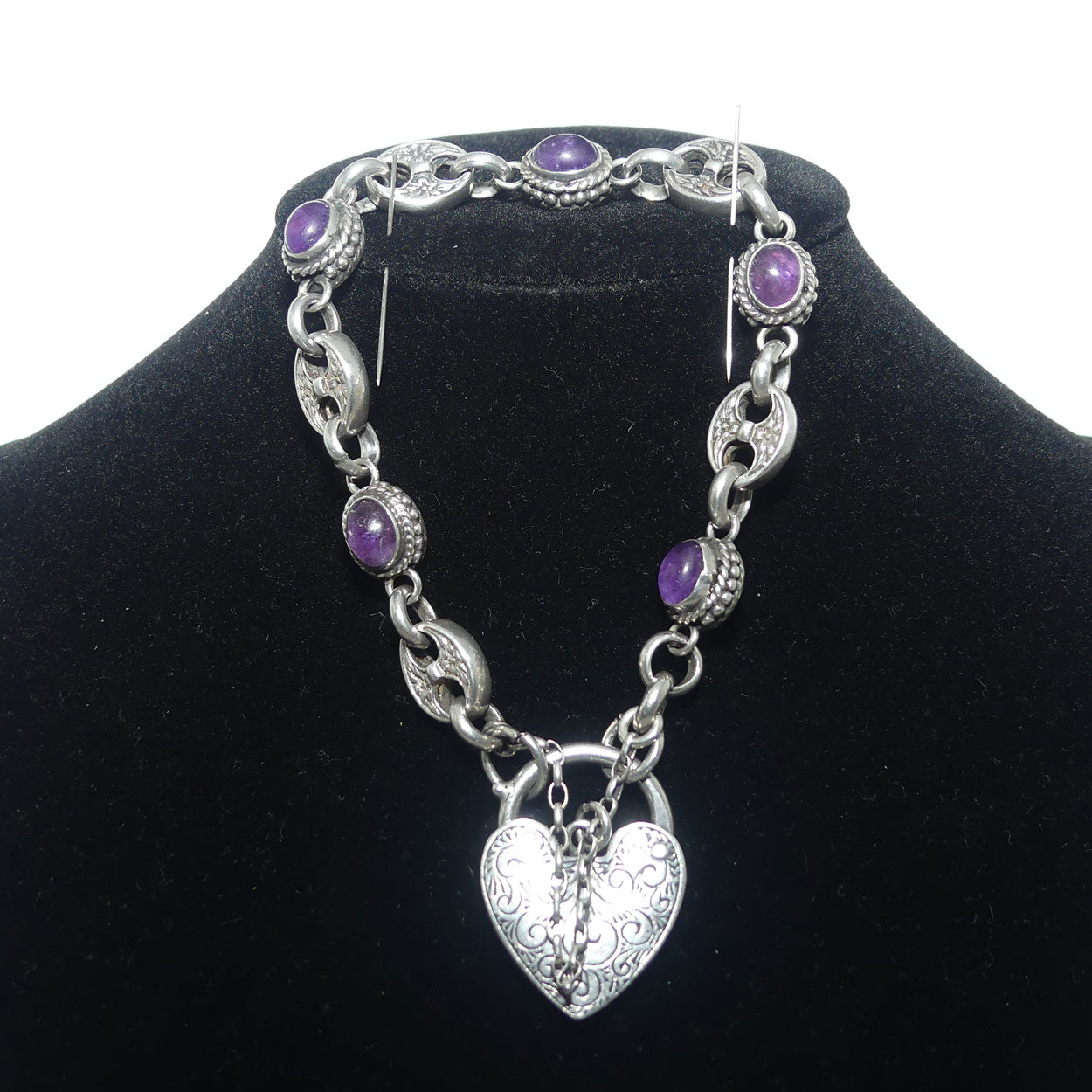 925 Sterling Silver box link and Cabochon Amethyst padlock bracelet | 40.87g