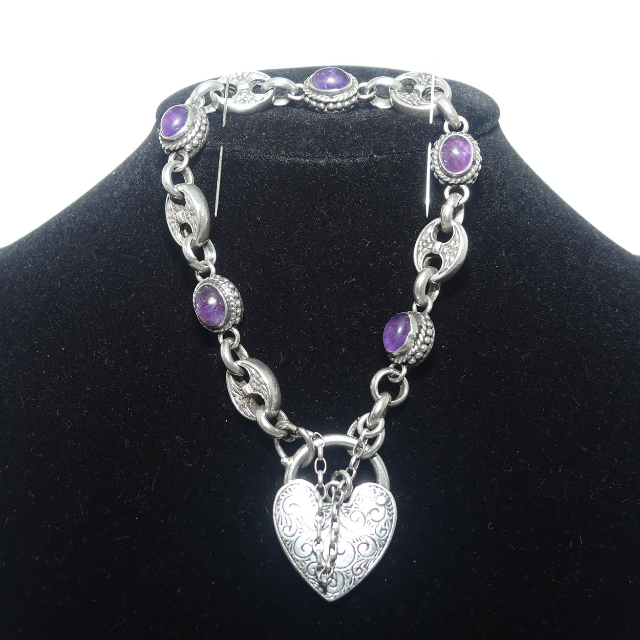 925 Sterling Silver box link and Cabochon Amethyst padlock bracelet | 40.87g