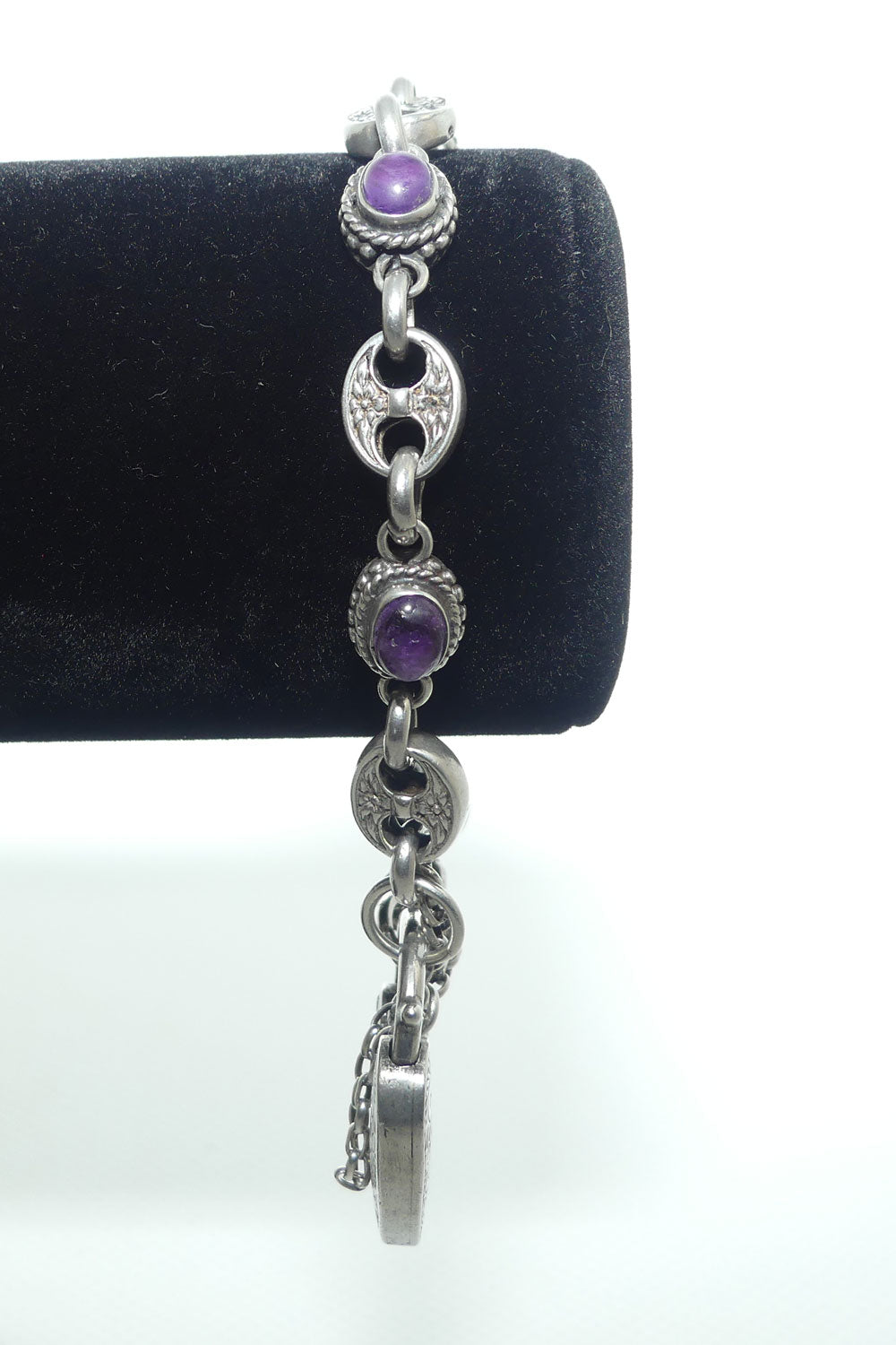 925 Sterling Silver box link and Cabochon Amethyst padlock bracelet | 40.87g