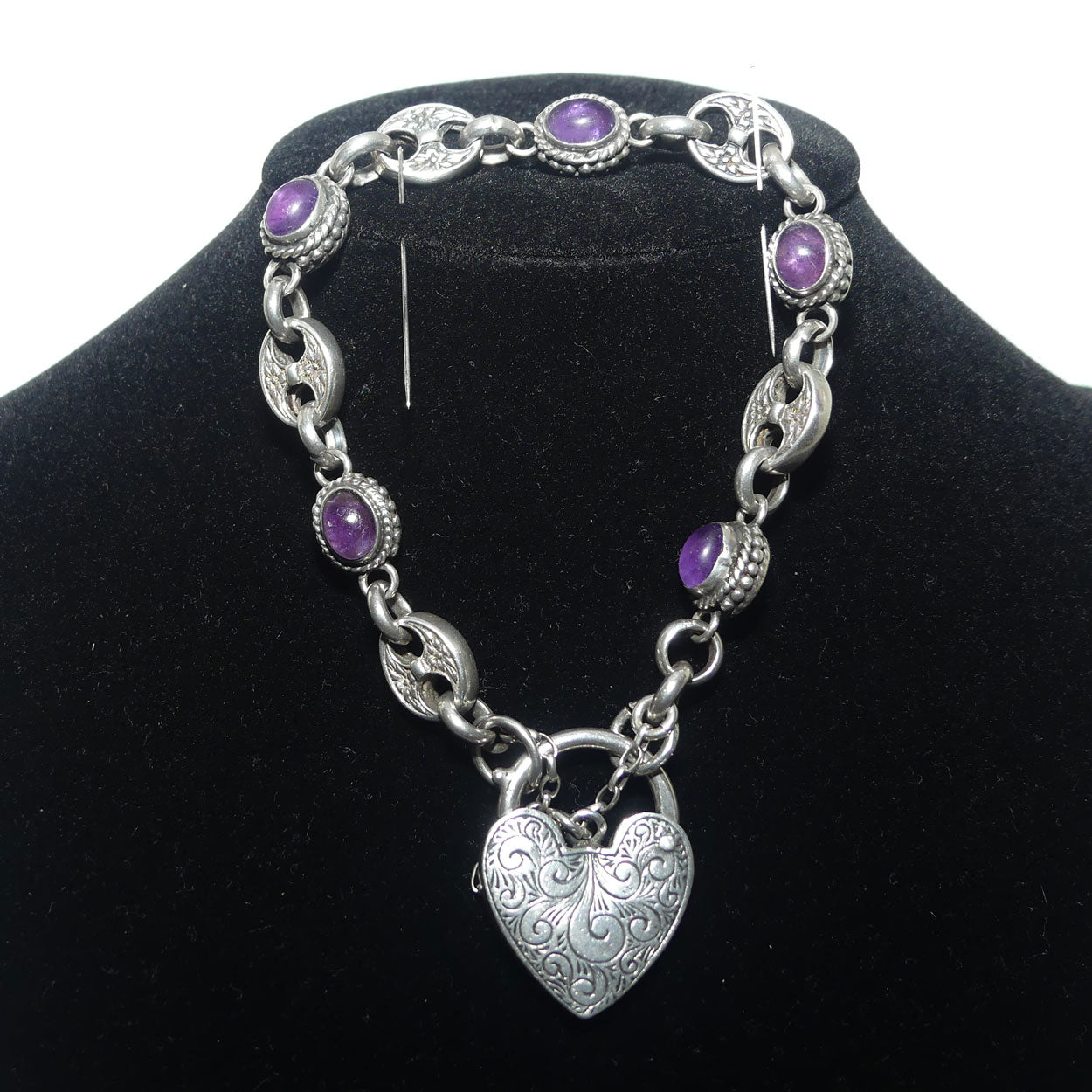 925 Sterling Silver box link and Cabochon Amethyst padlock bracelet | 40.87g
