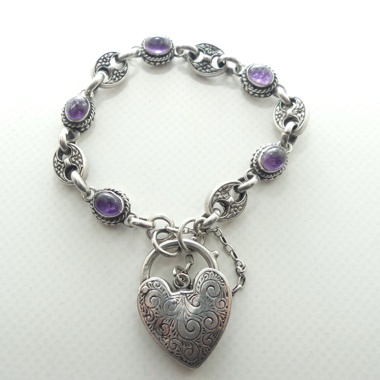 925 Sterling Silver box link and Cabochon Amethyst padlock bracelet | 40.87g