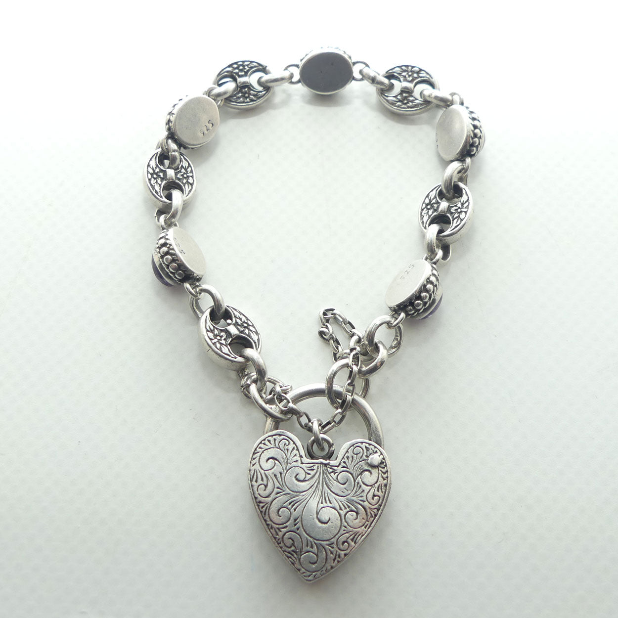 925 Sterling Silver box link and Cabochon Amethyst padlock bracelet | 40.87g