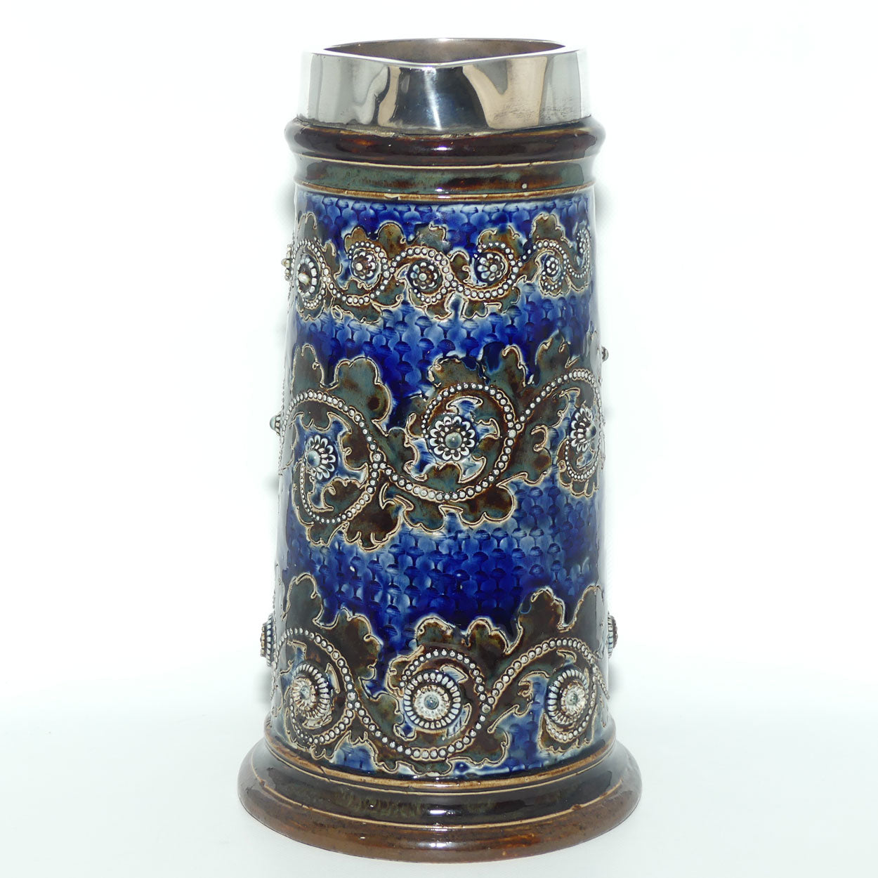 Doulton Lambeth George Tinworth stoneware ale jug with Sterling Silver rim (London 1876)