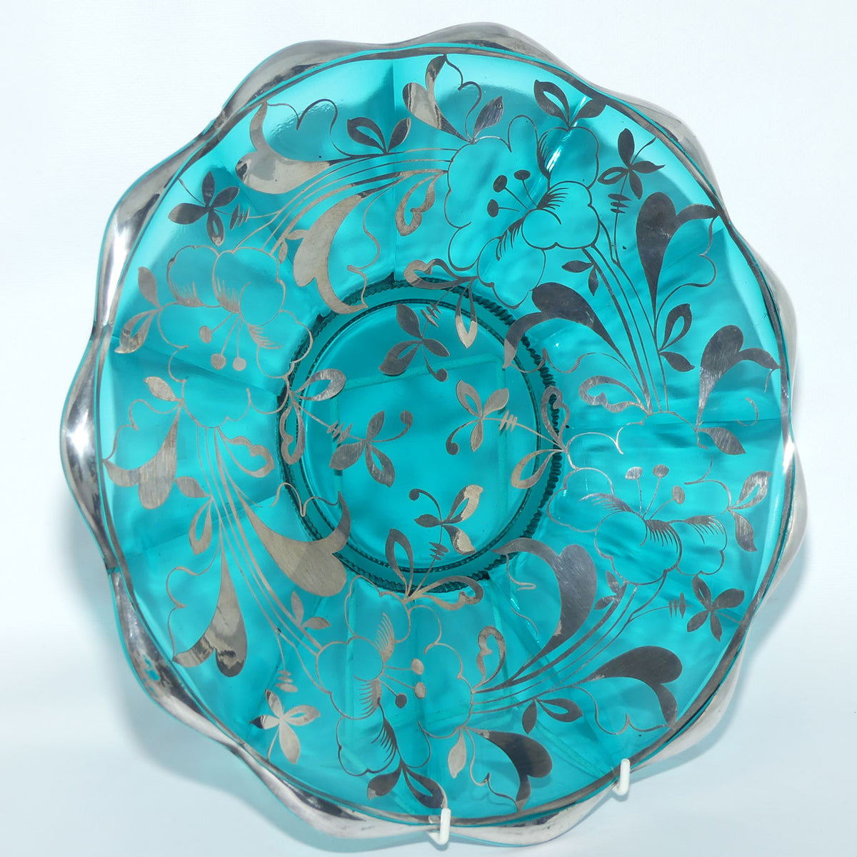 Turquoise Glass display plate overlaid with Painted Silver