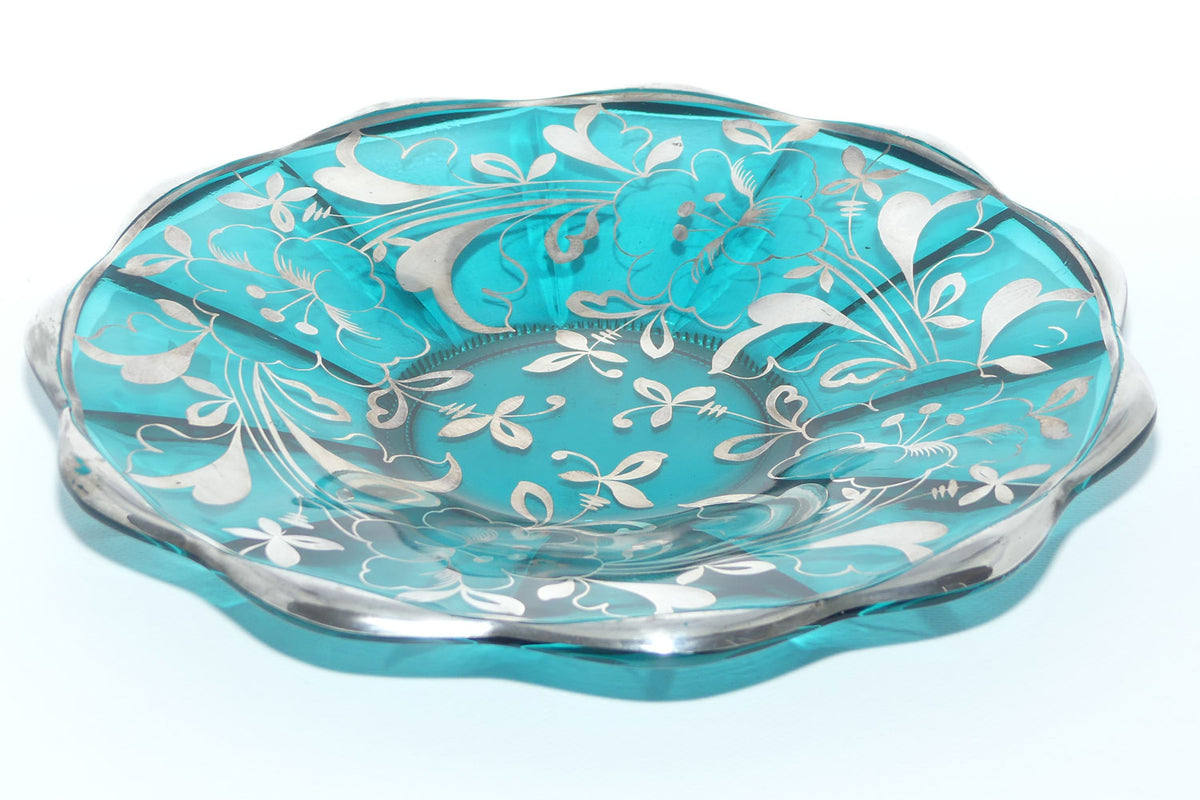 Turquoise Glass display plate overlaid with Painted Silver