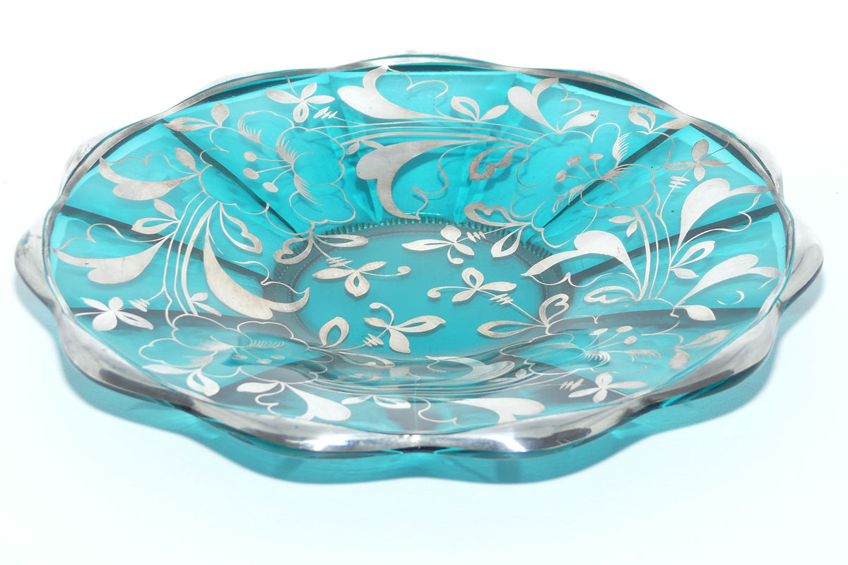 Turquoise Glass display plate overlaid with Painted Silver