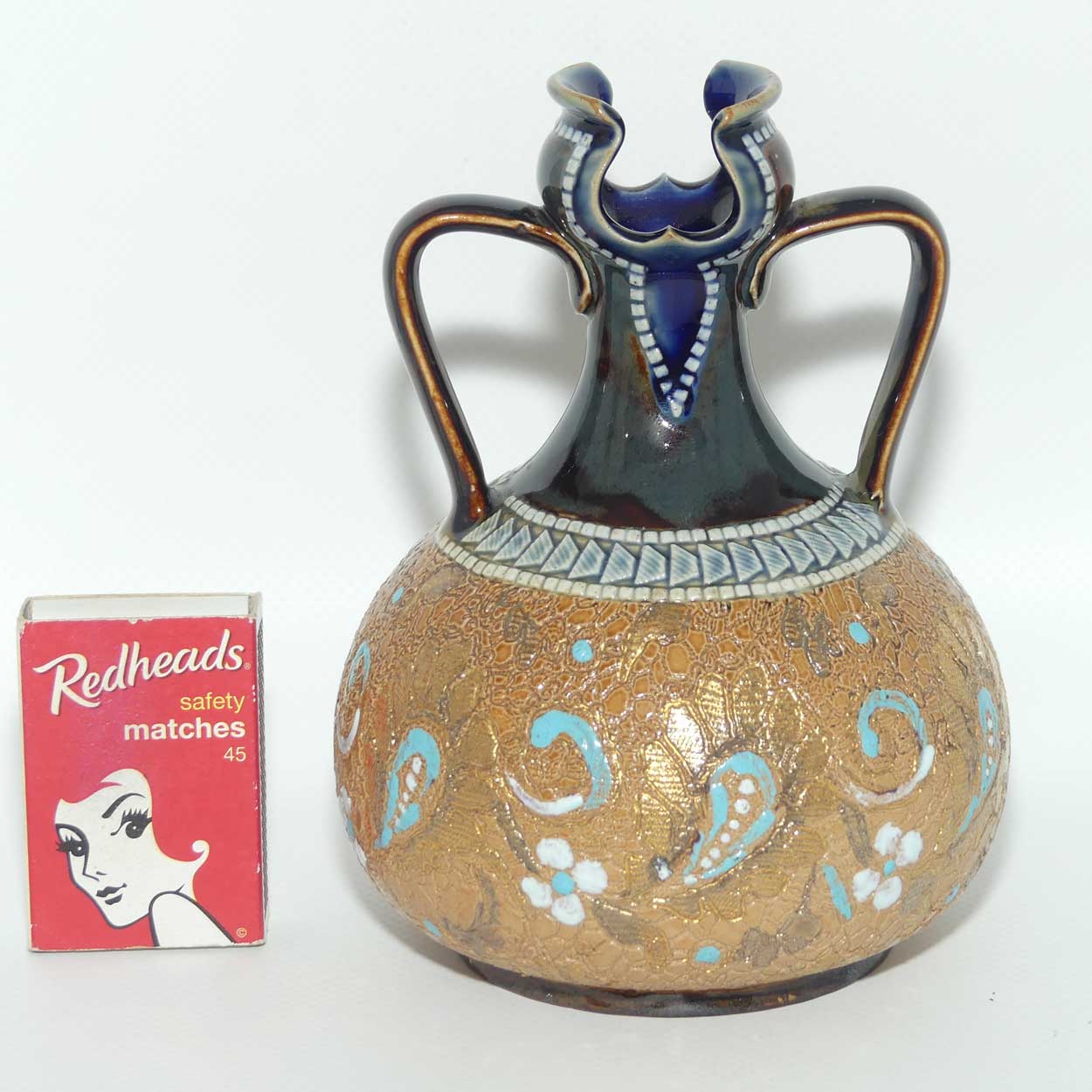 Doulton Lambeth Slaters Patent vase with twin handles and love heart style cutout