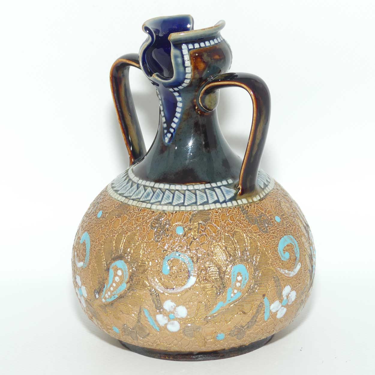 Doulton Lambeth Slaters Patent vase with twin handles and love heart style cutout