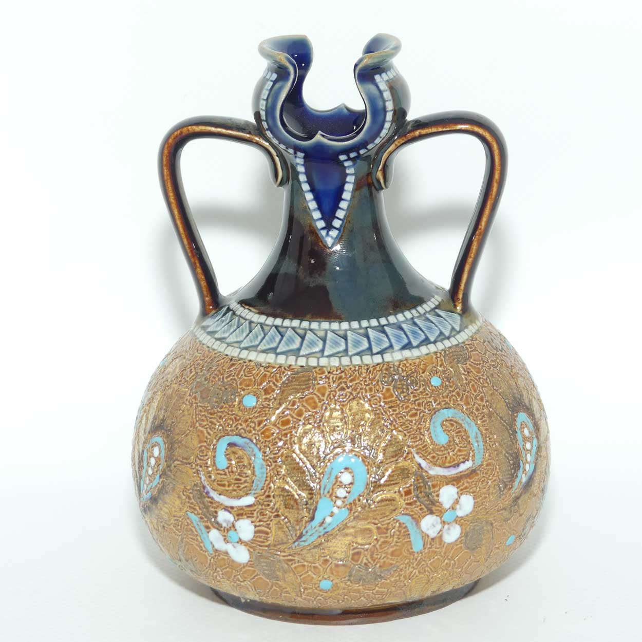 Doulton Lambeth Slaters Patent vase with twin handles and love heart style cutout