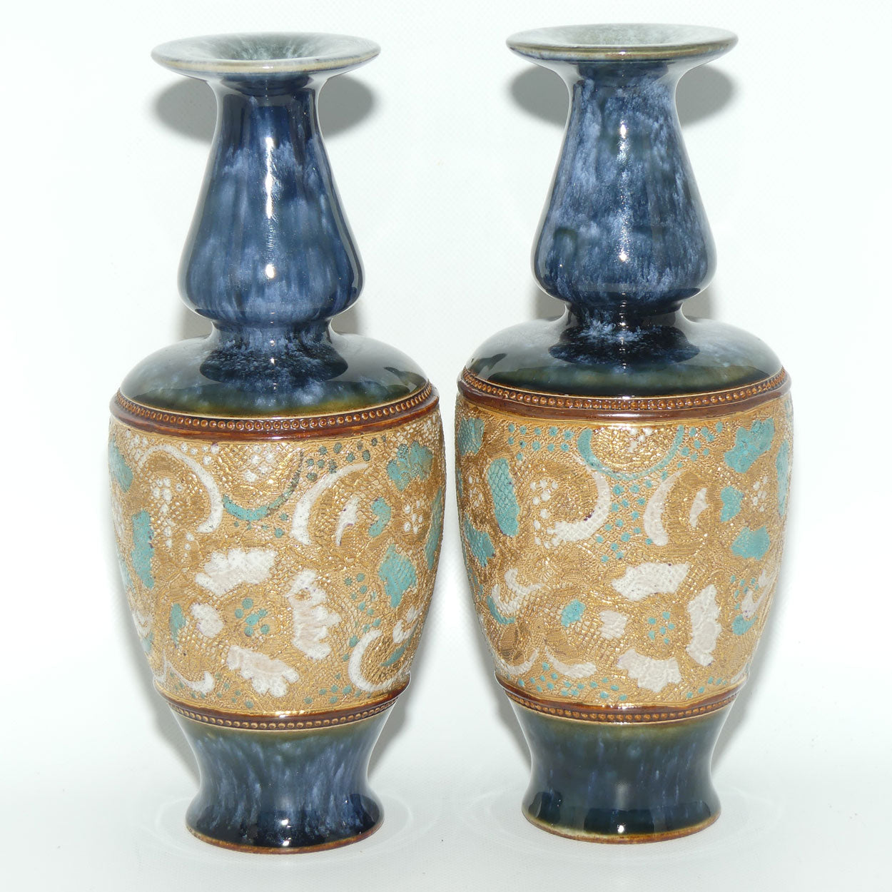 Royal Doulton Slaters Patent pair stoneware Blue and White Enamelled vases c.1905