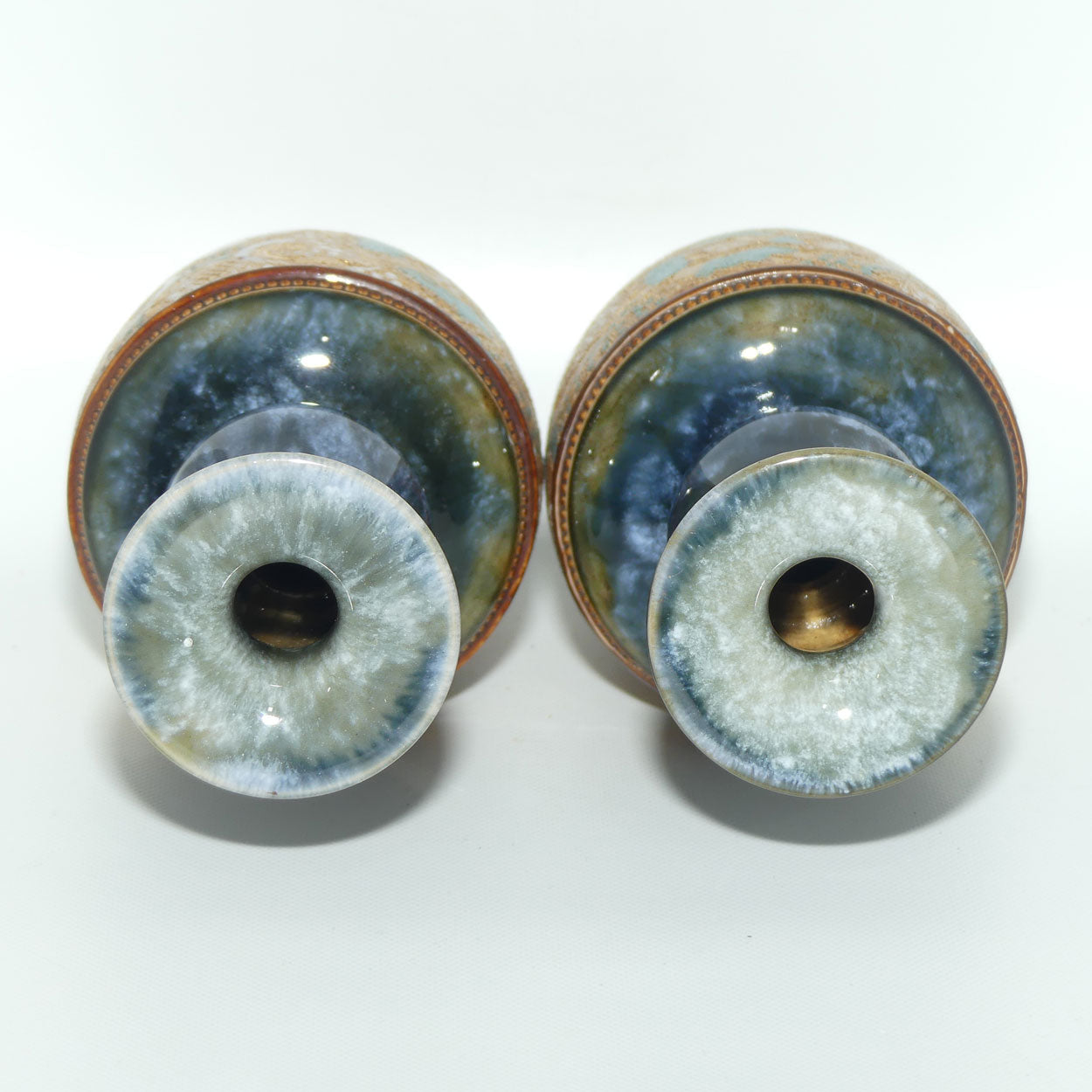 Royal Doulton Slaters Patent pair stoneware Blue and White Enamelled vases c.1905