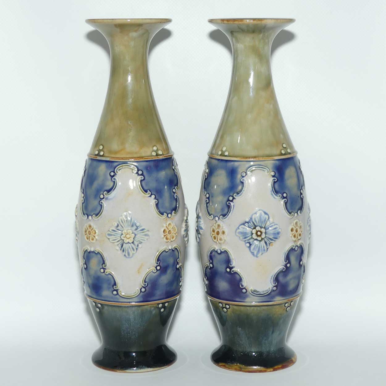 Royal Doulton pair of stoneware Floral central band vases | Blue Green Ground | 8368C