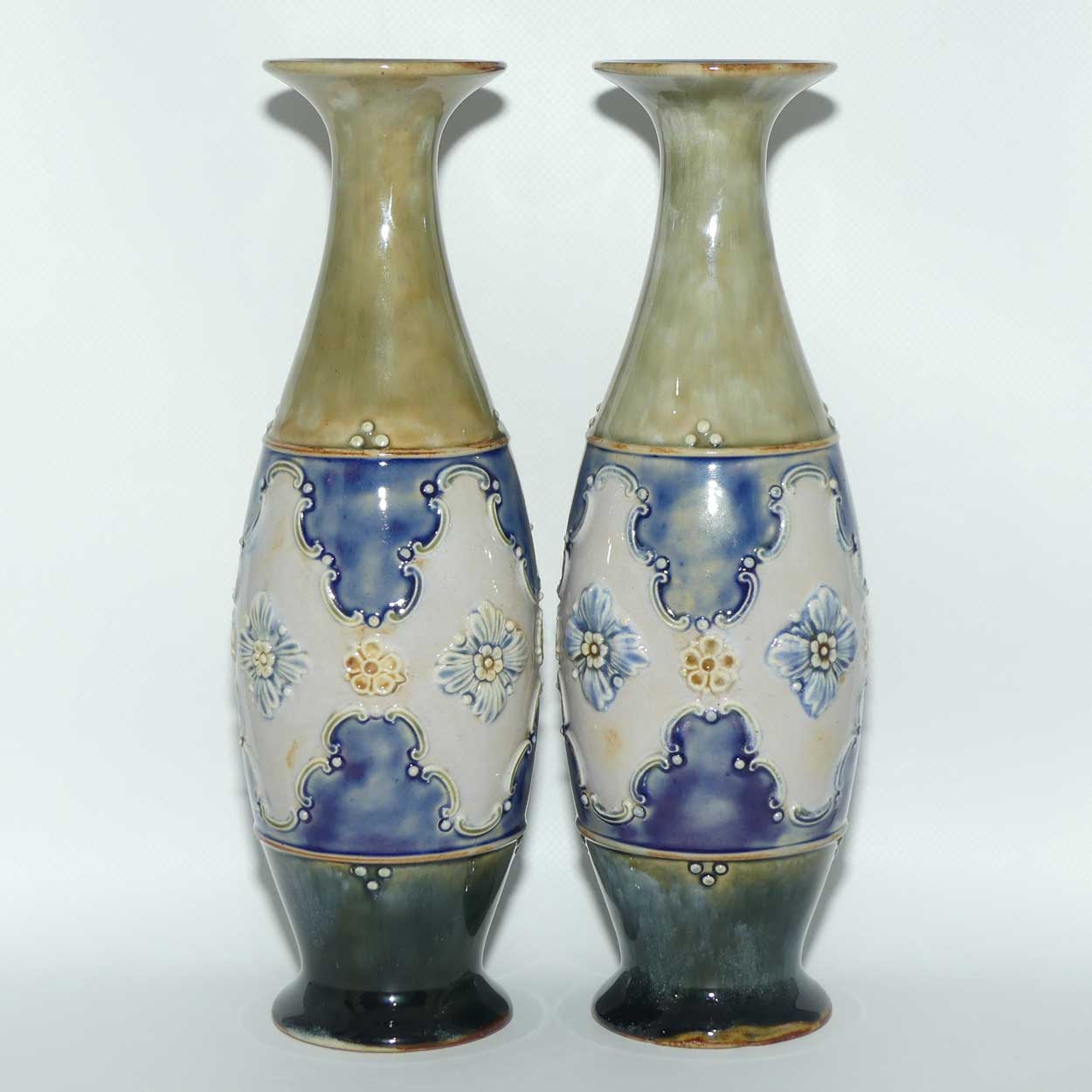 Royal Doulton pair of stoneware Floral central band vases | Blue Green Ground | 8368C