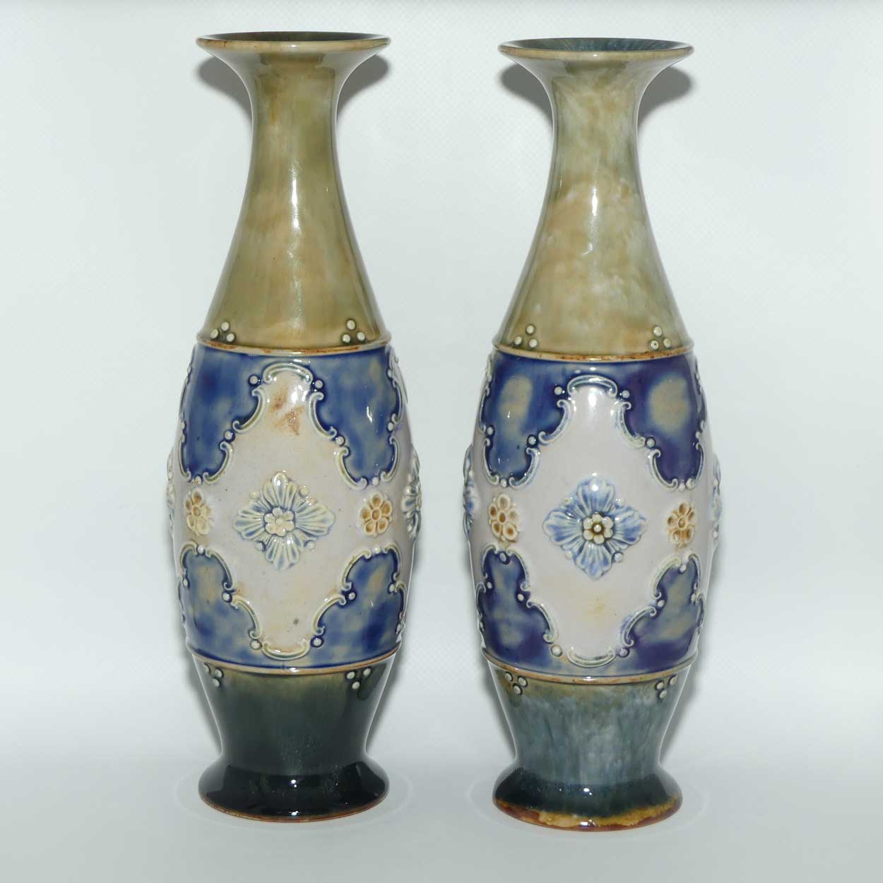 Royal Doulton pair of stoneware Floral central band vases | Blue Green Ground | 8368C