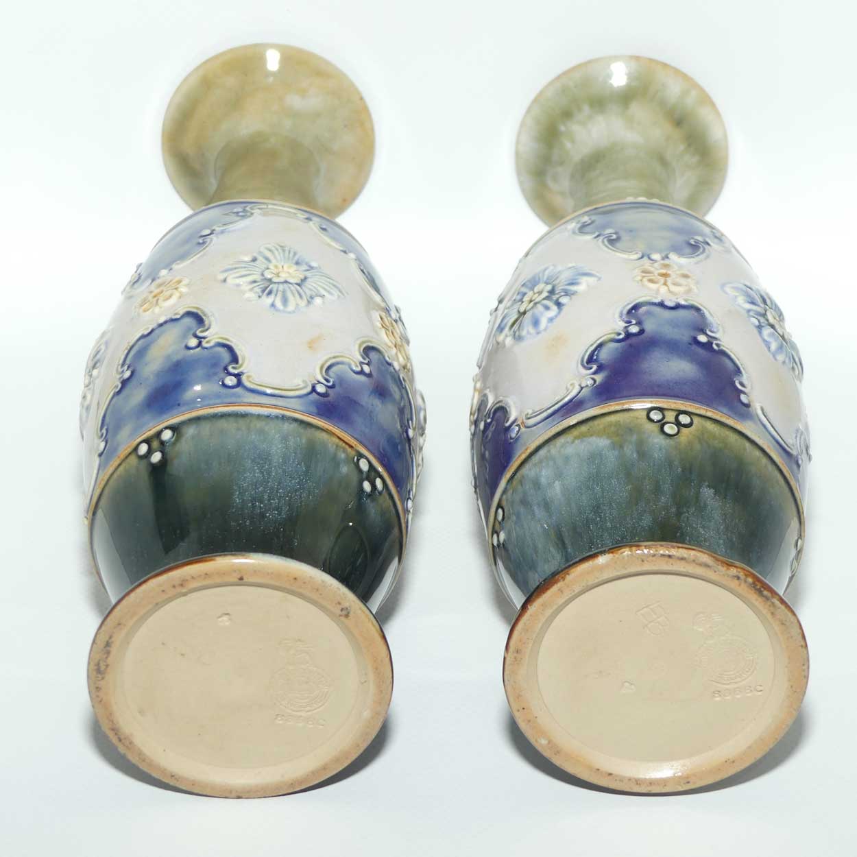 Royal Doulton pair of stoneware Floral central band vases | Blue Green Ground | 8368C