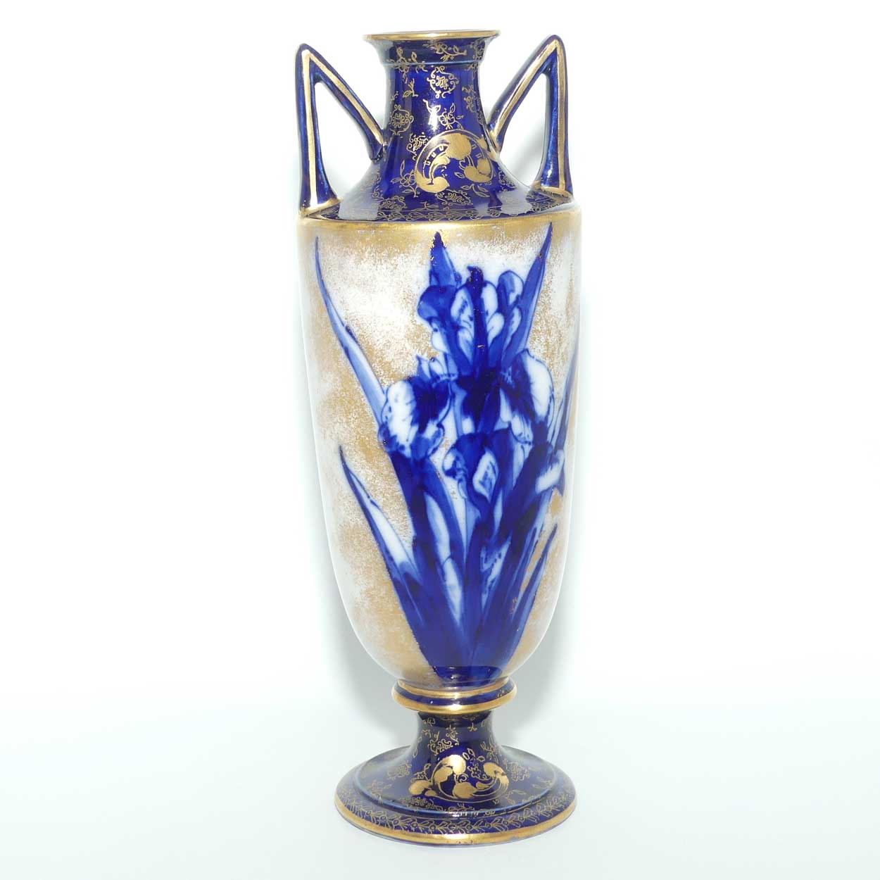 Doulton Burslem Blue Iris and Daffodil tall slender vase with twin handles and gilt highlights