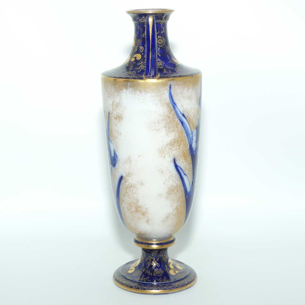 Doulton Burslem Blue Iris and Daffodil tall slender vase with twin handles and gilt highlights