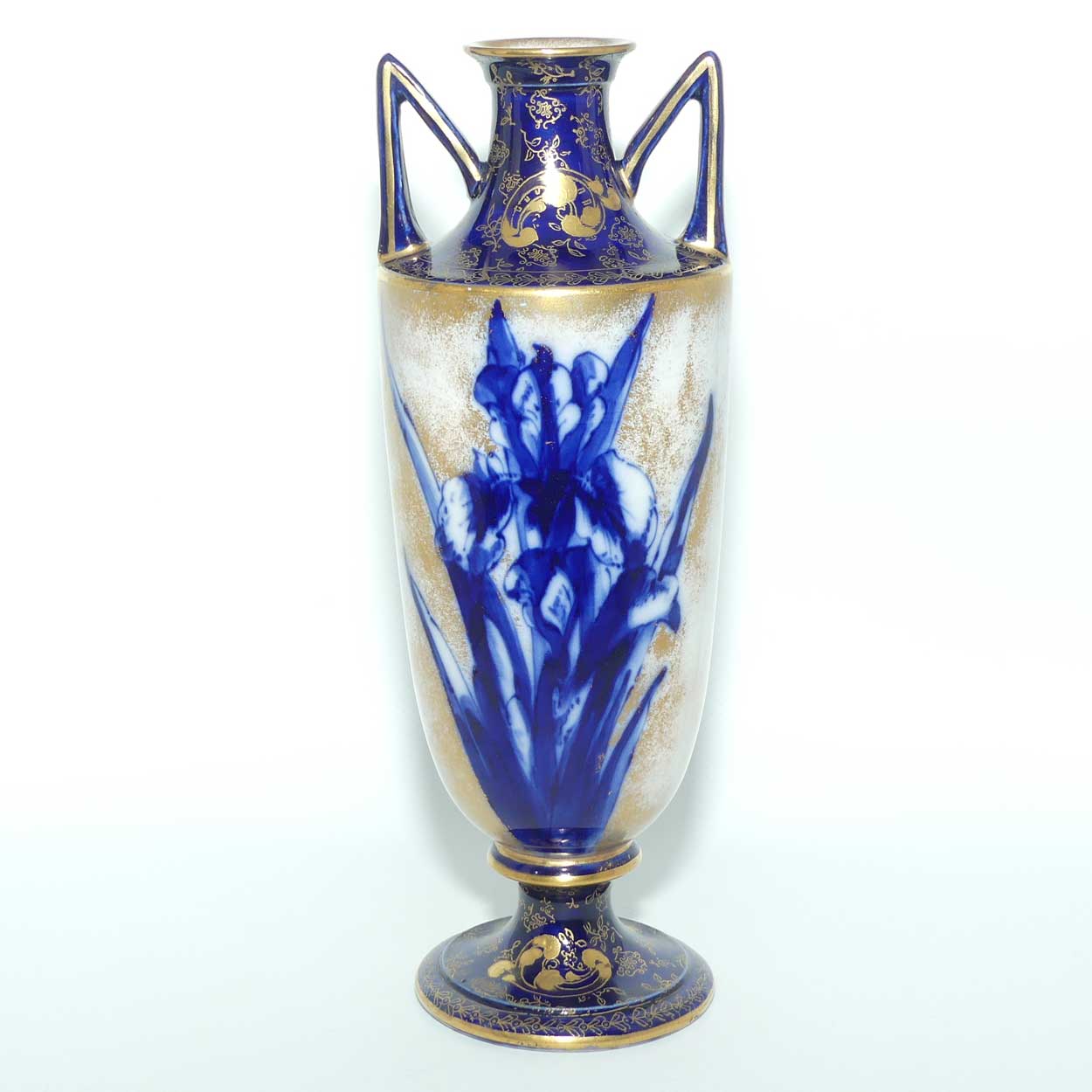 Doulton Burslem Blue Iris and Daffodil tall slender vase with twin handles and gilt highlights