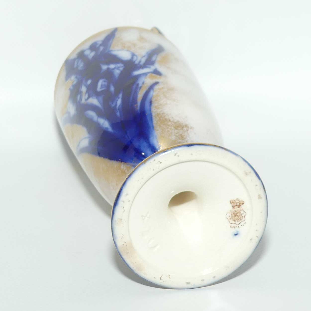 Doulton Burslem Blue Iris and Daffodil tall slender vase with twin handles and gilt highlights