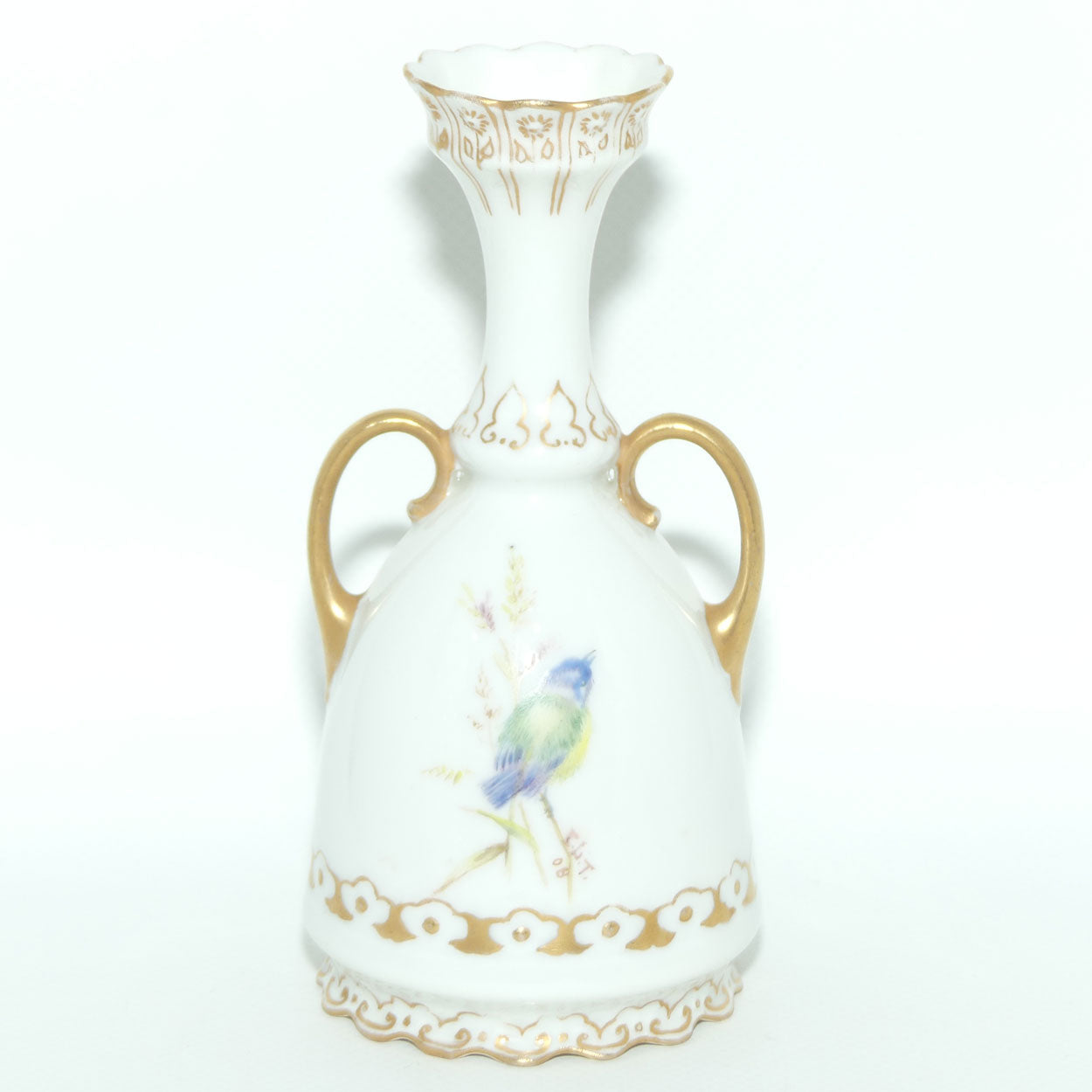 Early Australian China Painted twin handle bud vase depicting Worcester Birds | Ethel L Thomas 1908