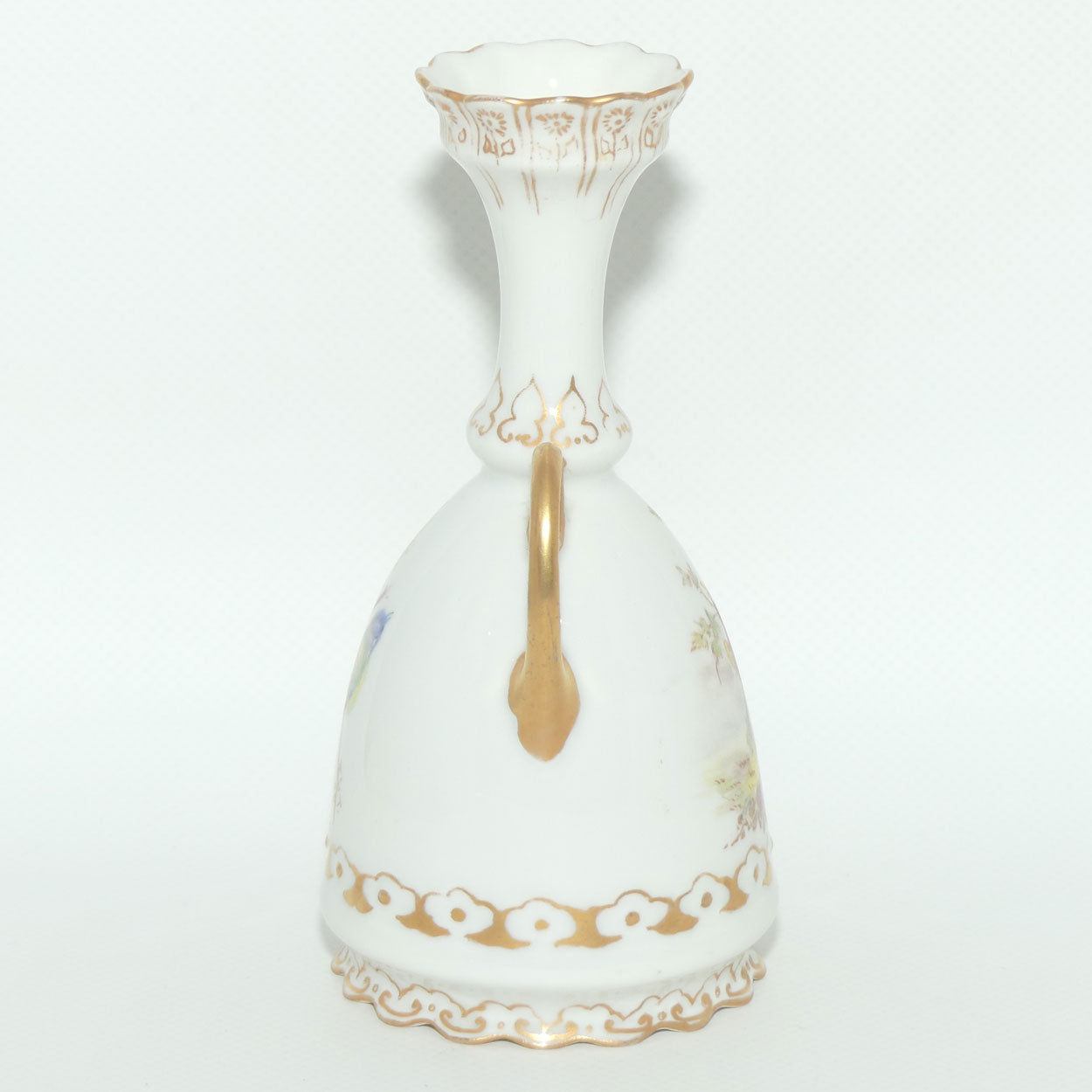 Early Australian China Painted twin handle bud vase depicting Worcester Birds | Ethel L Thomas 1908