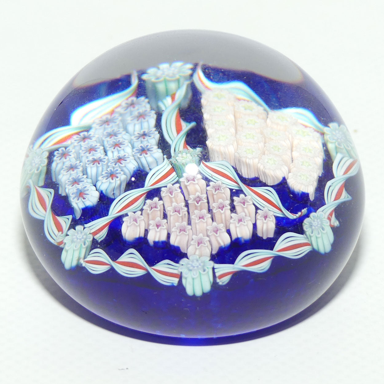 John Deacons Scotland Millefiori Triple Spoke Hub small paperweight | Blue